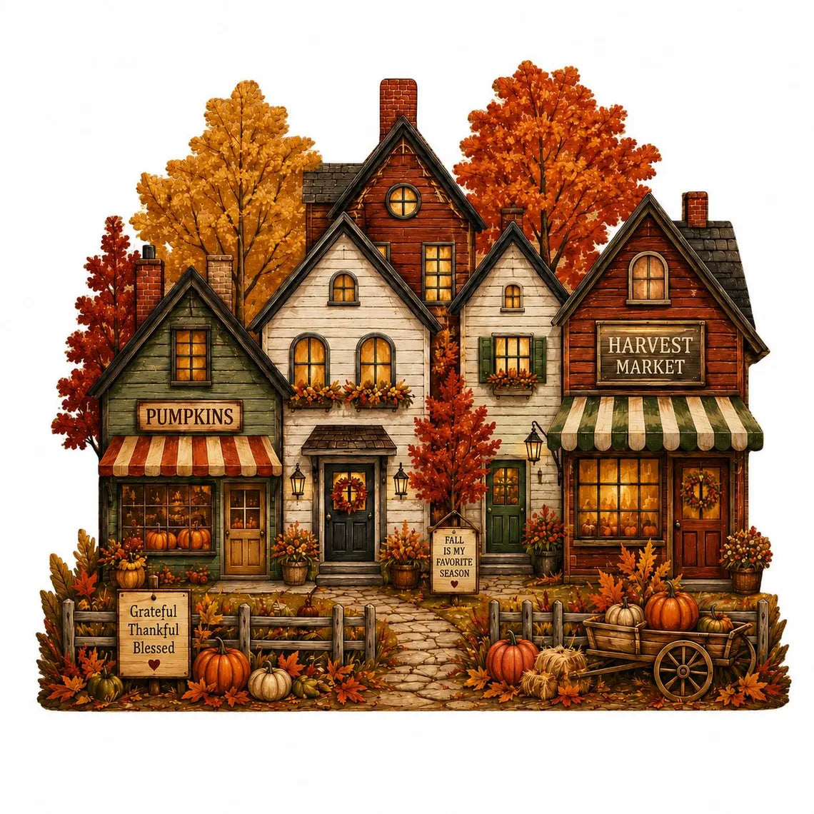 2D Print Fall Harvest Village Wooden Block Decor, Autumn Shelf Sitter, Pumpkin Market Decor, Rustic Farmhouse Fall Decoration