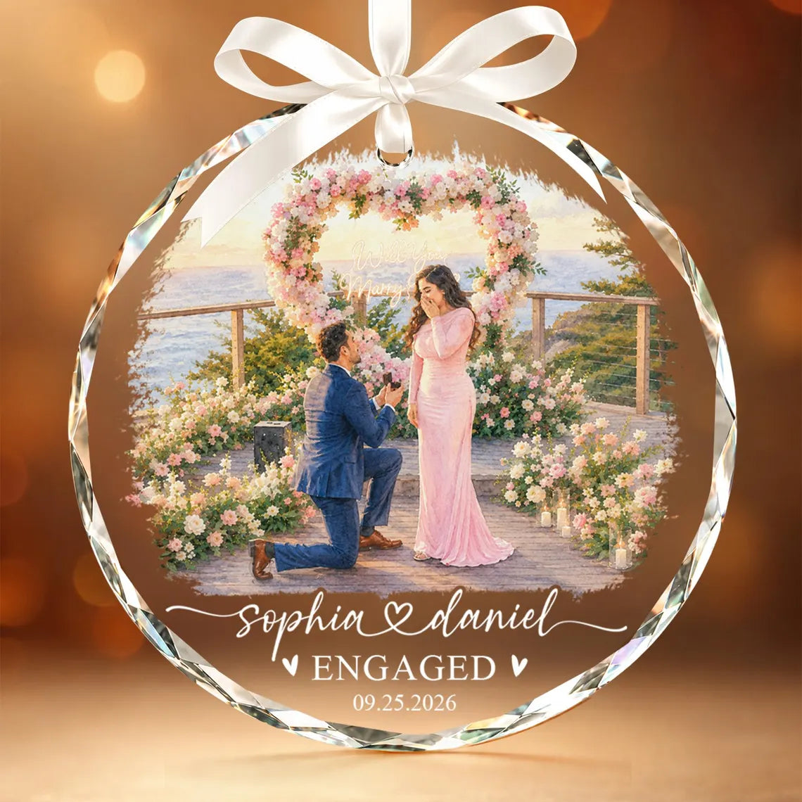 Custom Engagement Photo Ornament: First Christmas Engaged 2026 Glass Ornament, Watercolor Picture Couple Keepsake, Wedding Gifts