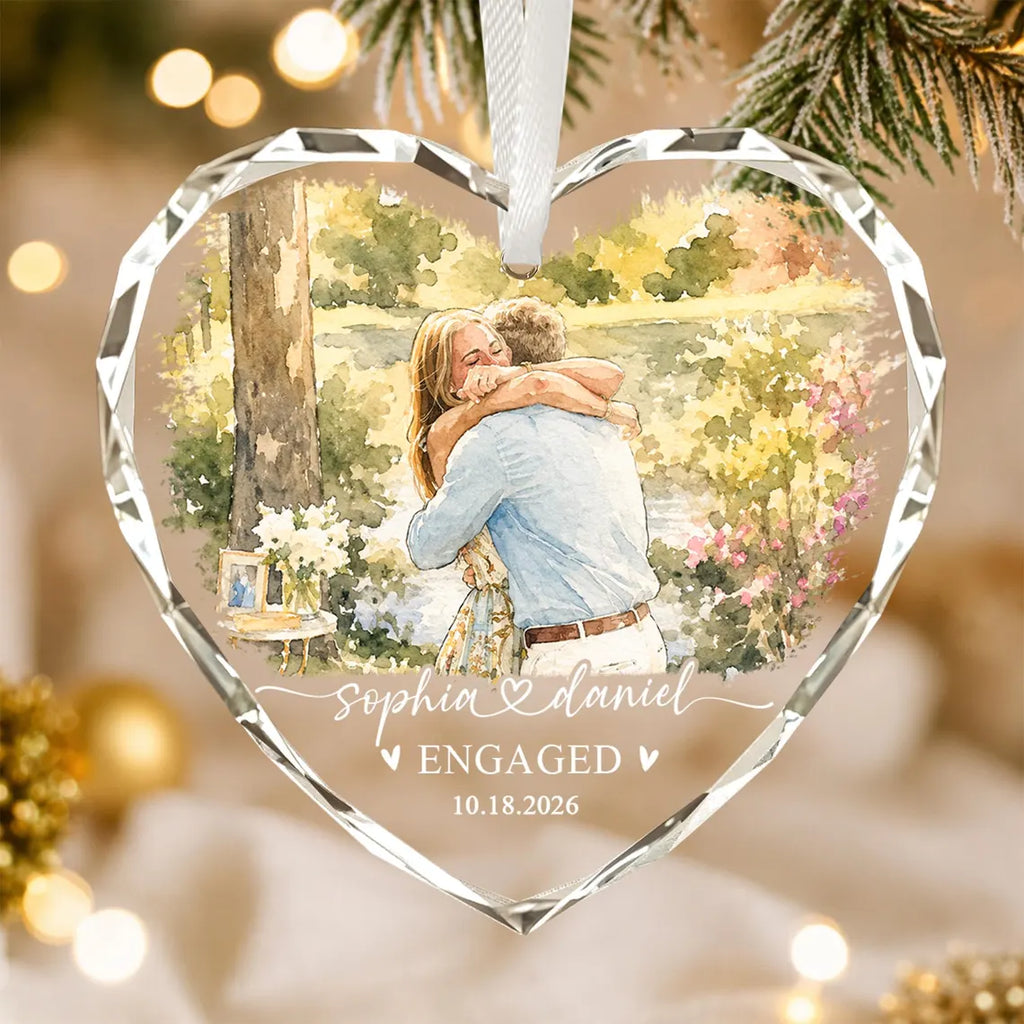 Custom Engagement Photo Ornament: First Christmas Engaged 2026 Glass Ornament, Watercolor Picture Couple Keepsake, Wedding Gifts