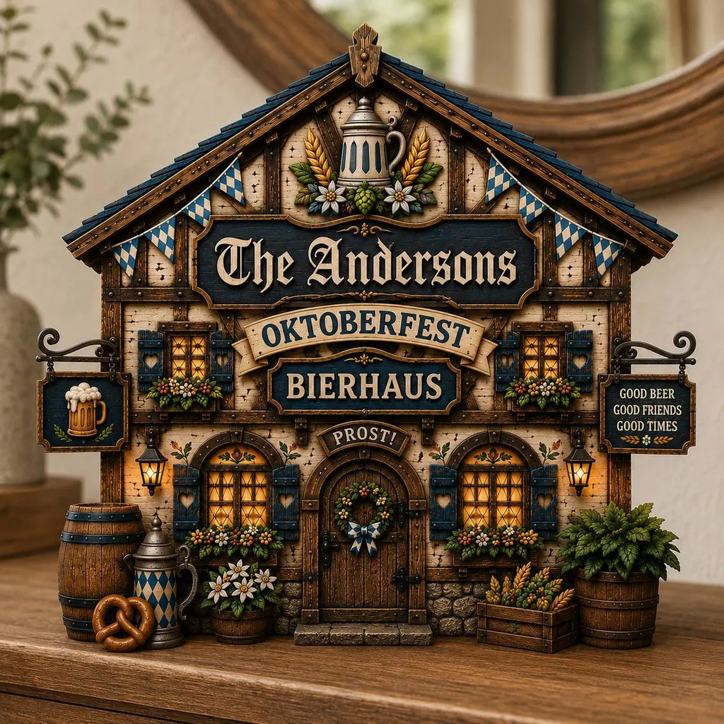 Personalized Oktoberfest Bierhaus Wooden Block, Bavarian Beer Hall Decor, Custom Family Name Shelf Sitter, German Beer Lover Gift