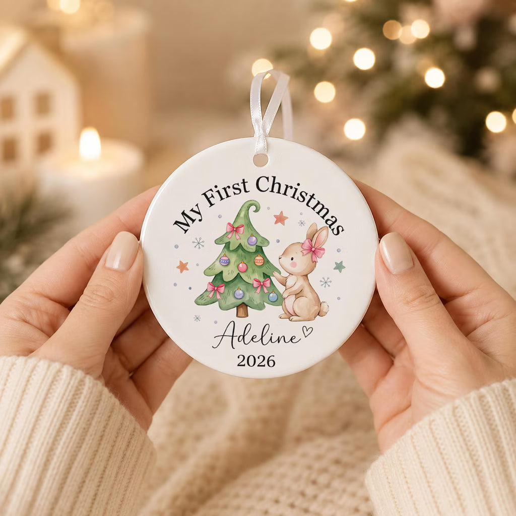 Baby Girl First Christmas Ornament Ceramic, Pink Bow Personalized Girl First Christmas, 1st Christmas, Newborn Gift, Baby xmas Gift