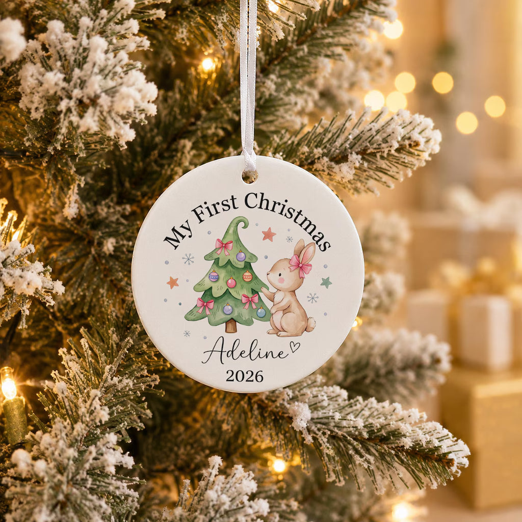 Baby Girl First Christmas Ornament Ceramic, Pink Bow Personalized Girl First Christmas, 1st Christmas, Newborn Gift, Baby xmas Gift