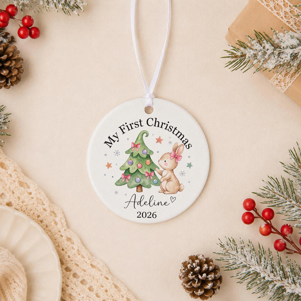 Baby Girl First Christmas Ornament Ceramic, Pink Bow Personalized Girl First Christmas, 1st Christmas, Newborn Gift, Baby xmas Gift