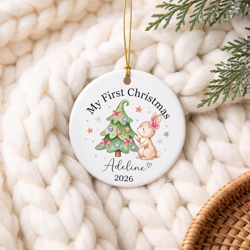 Baby Girl First Christmas Ornament Ceramic, Pink Bow Personalized Girl First Christmas, 1st Christmas, Newborn Gift, Baby xmas Gift