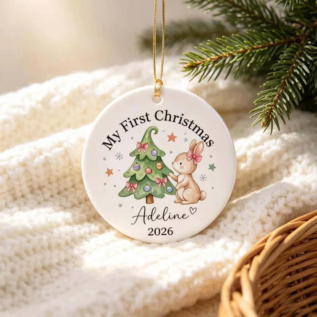 Baby Girl First Christmas Ornament Ceramic, Pink Bow Personalized Girl First Christmas, 1st Christmas, Newborn Gift, Baby xmas Gift