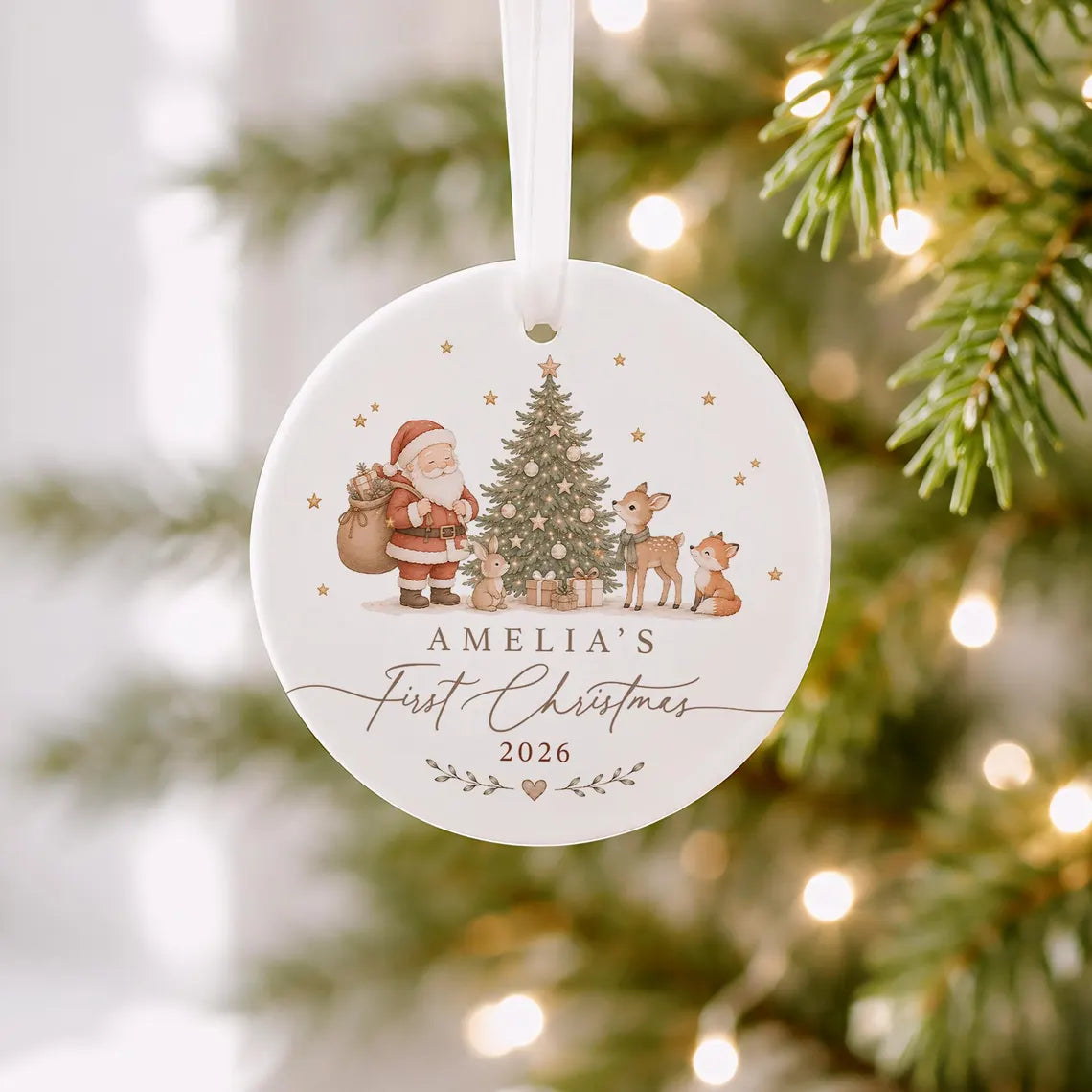 Personalised Baby's First Christmas Bauble, Babys 1st Xmas Santa Woodland Animals Theme, New Baby Christmas Ornament Gift