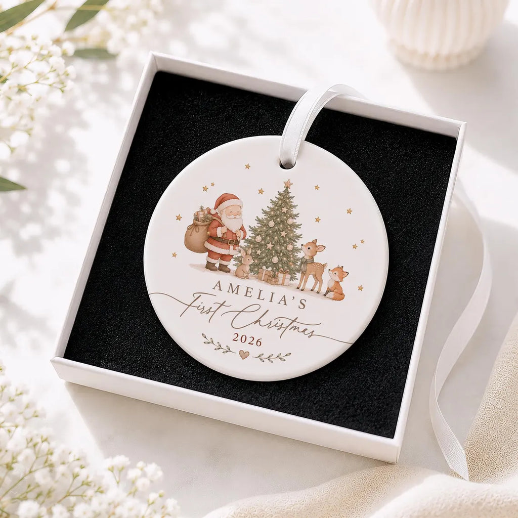 Personalised Baby's First Christmas Bauble, Babys 1st Xmas Santa Woodland Animals Theme, New Baby Christmas Ornament Gift