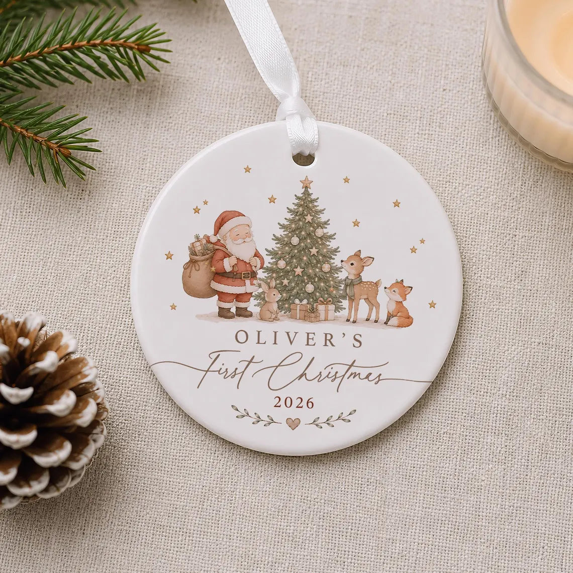 Personalised Baby's First Christmas Bauble, Babys 1st Xmas Santa Woodland Animals Theme, New Baby Christmas Ornament Gift