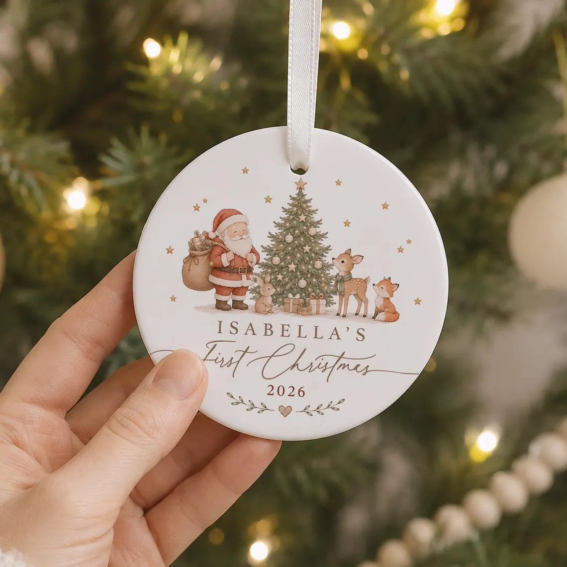 Personalised Baby's First Christmas Bauble, Babys 1st Xmas Santa Woodland Animals Theme, New Baby Christmas Ornament Gift