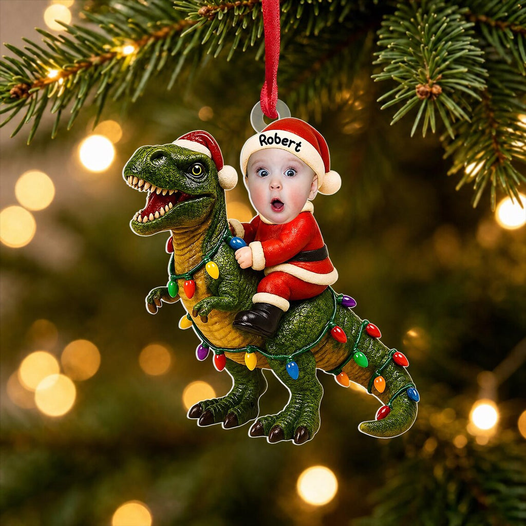 2D Flat Baby Santa Riding Dinosaur - Personalized Baby Santa Dinosaur Christmas Ornament – Photo Keepsake Decor,Kids Room, Christmas Gift Idea