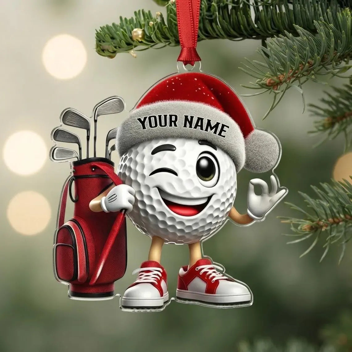 2D Flat Personalized Winking Golf Ball Christmas Ornament, Custom Golfer Name Keepsake, Sports Decor