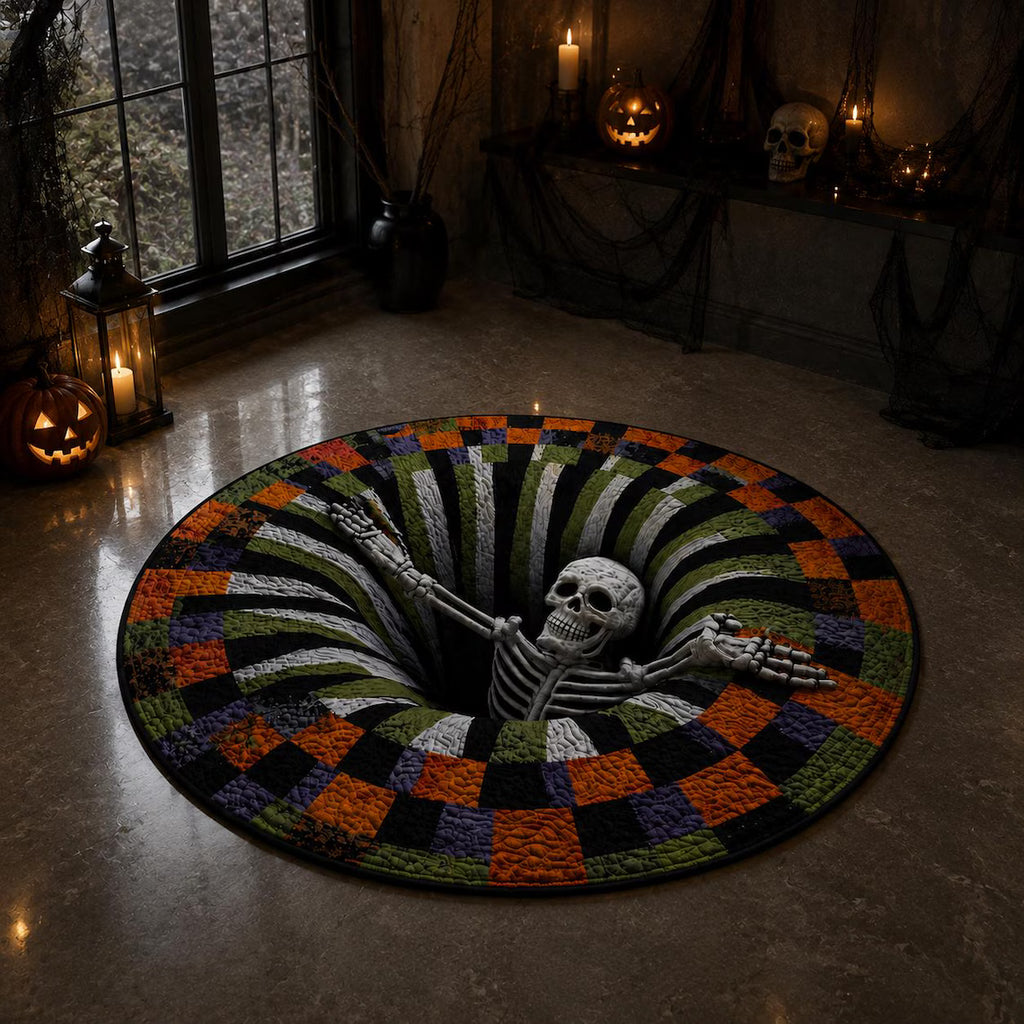 3D Skeleton Optical Halloween Illusion Rug, Round Spooky Floor Mat Gift, Goth Decor