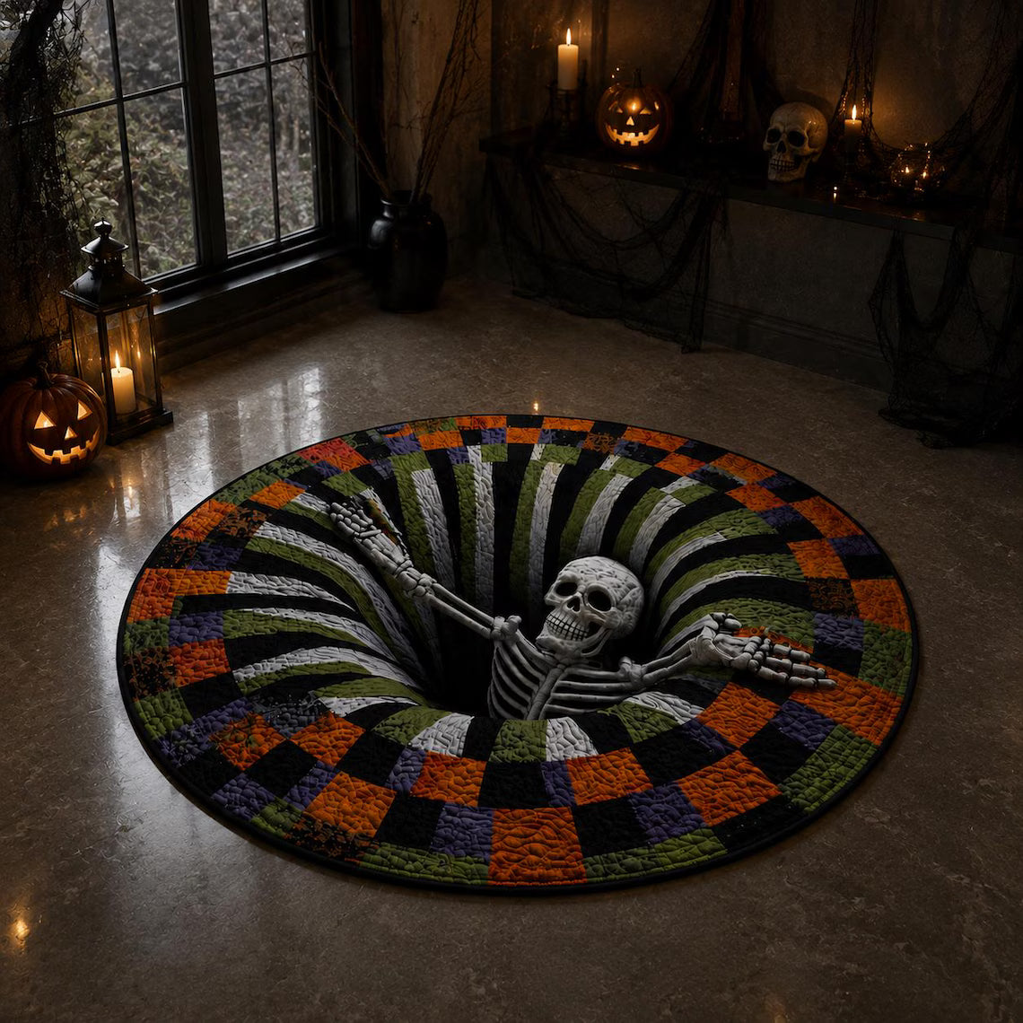 3D Skeleton Optical Halloween Illusion Rug, Round Spooky Floor Mat Gift, Goth Decor