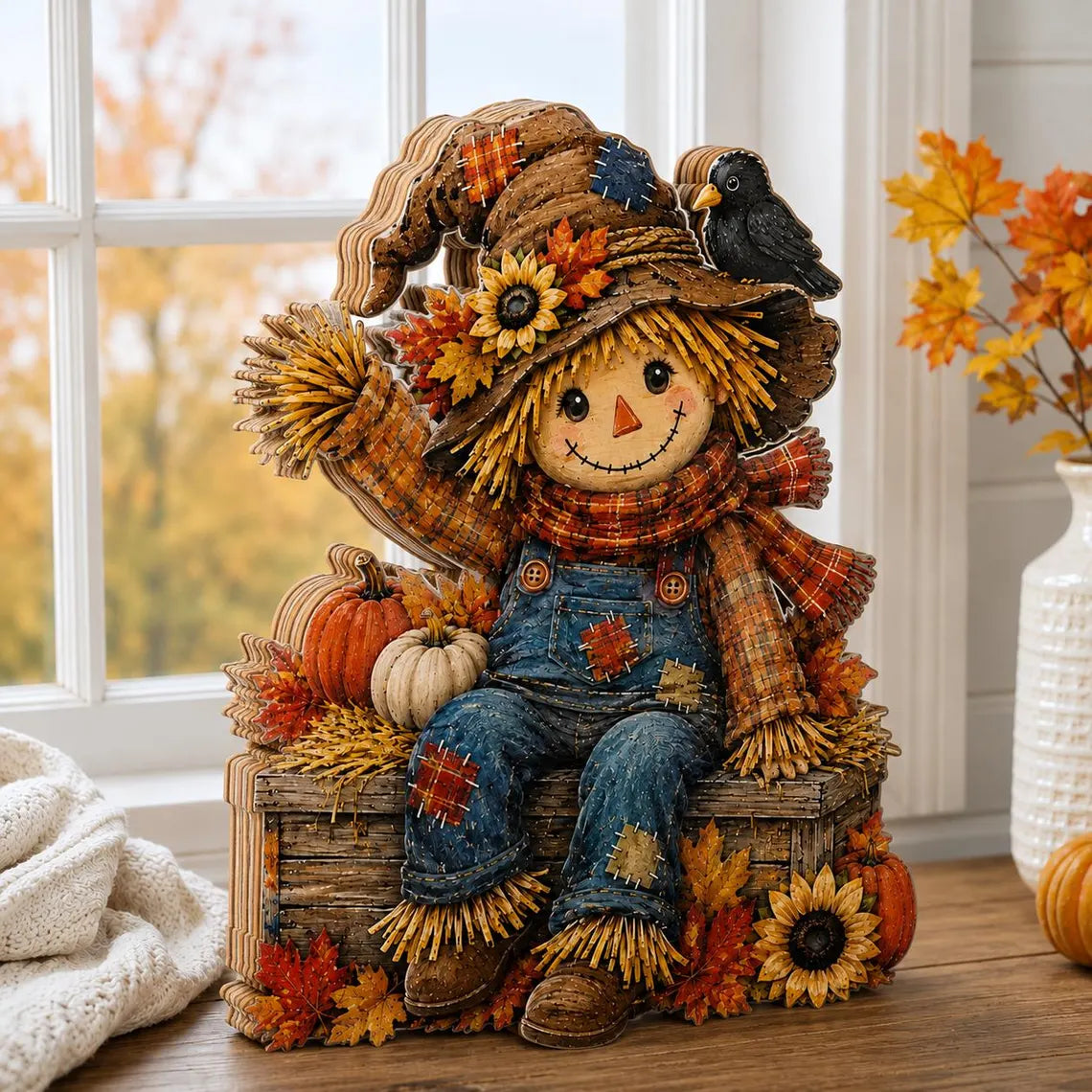 Personalized Fall Scarecrow Wooden Decor, Autumn Shelf Sitter, Thanksgiving Home Decor, Harvest Pumpkin Sign, Custom Fall Table Centerpiece