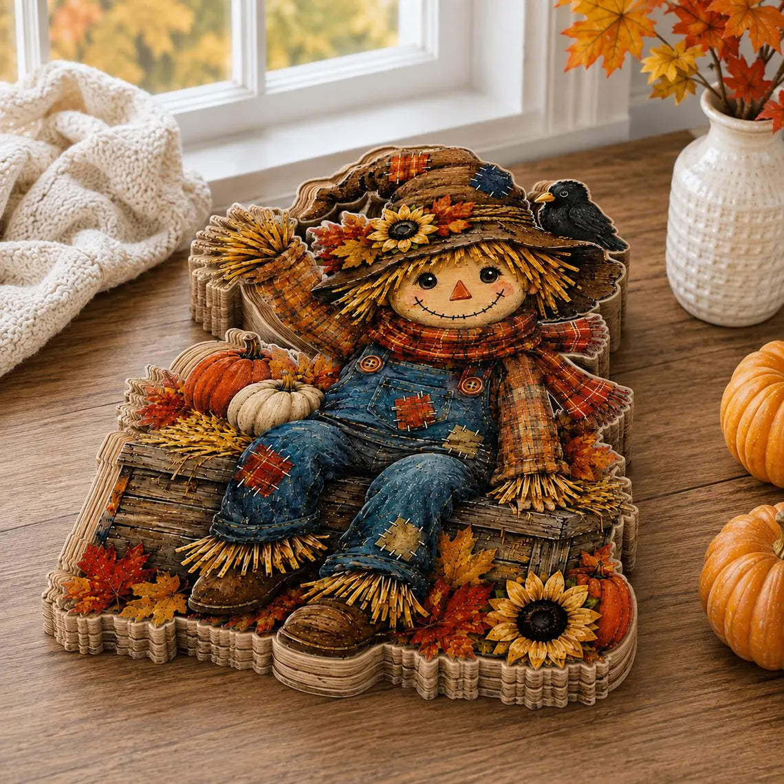 Personalized Fall Scarecrow Wooden Decor, Autumn Shelf Sitter, Thanksgiving Home Decor, Harvest Pumpkin Sign, Custom Fall Table Centerpiece