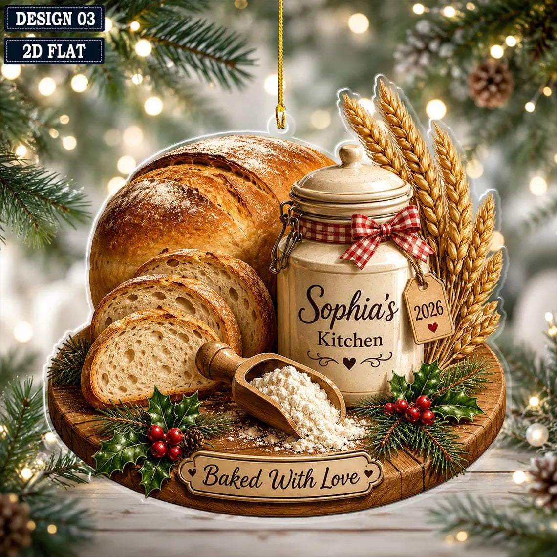 2D Flat Personalized Sourdough Kitchen Christmas Ornament, Custom Name Bread Baker Keepsake