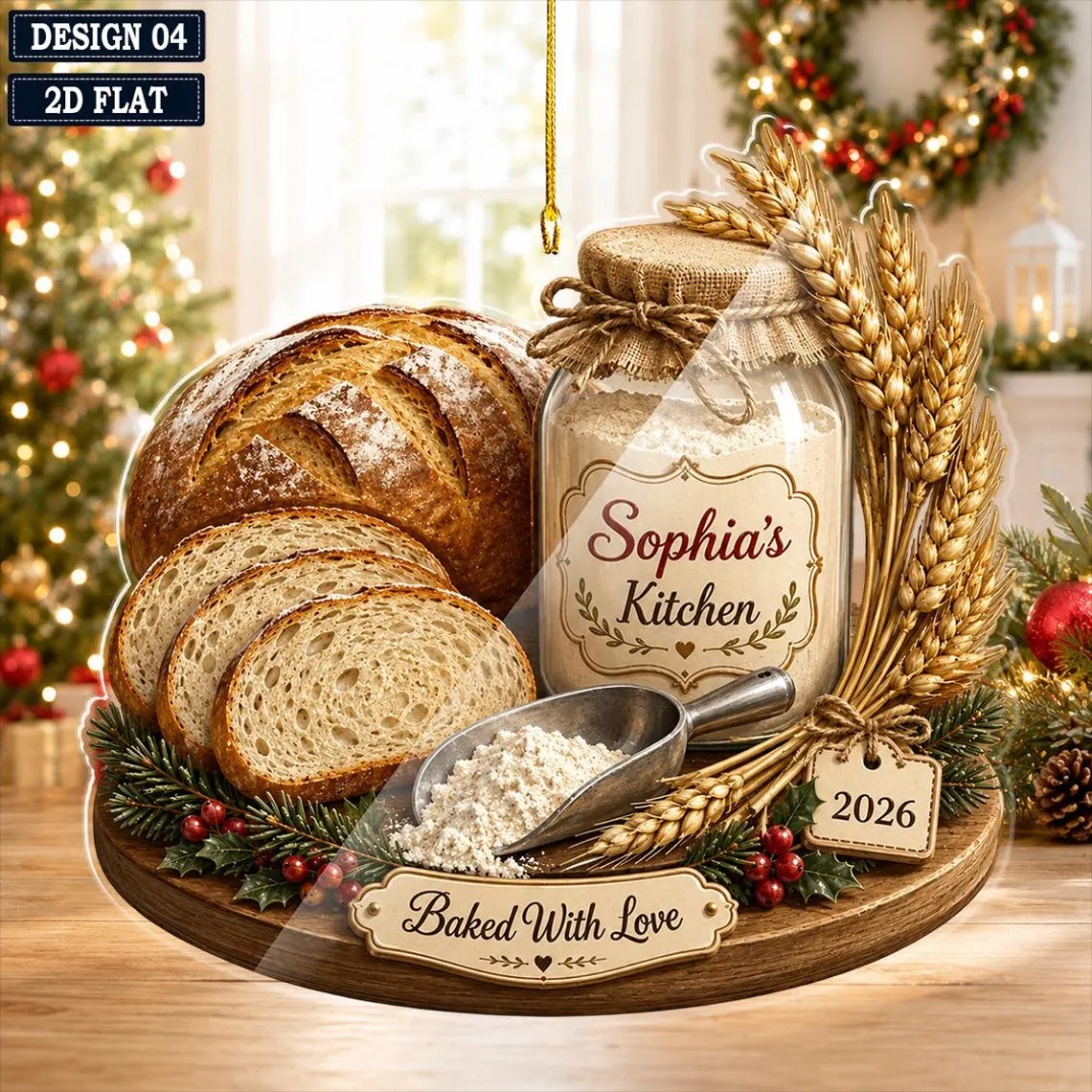 2D Flat Personalized Sourdough Kitchen Christmas Ornament, Custom Name Bread Baker Keepsake