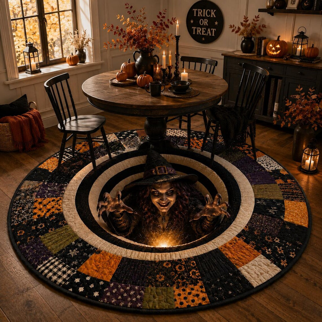 3D Print Witch Halloween Rug, Round Optical Illusion Area Rug, Spooky Witch Floor Mat, Haunted House Decor, Creepy Halloween Home Decor