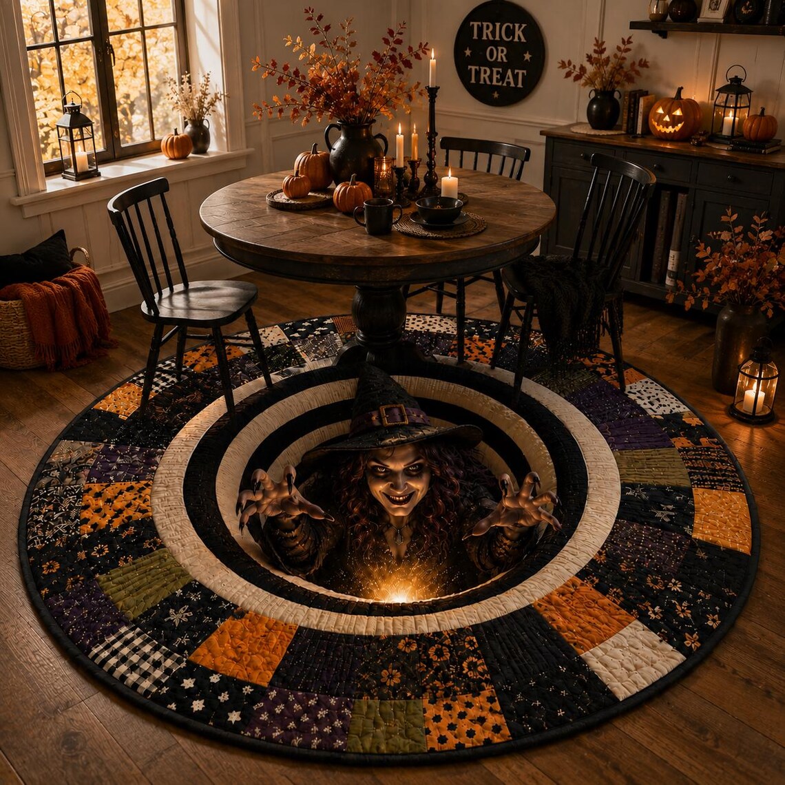 3D Print Witch Halloween Rug, Round Optical Illusion Area Rug, Spooky Witch Floor Mat, Haunted House Decor, Creepy Halloween Home Decor