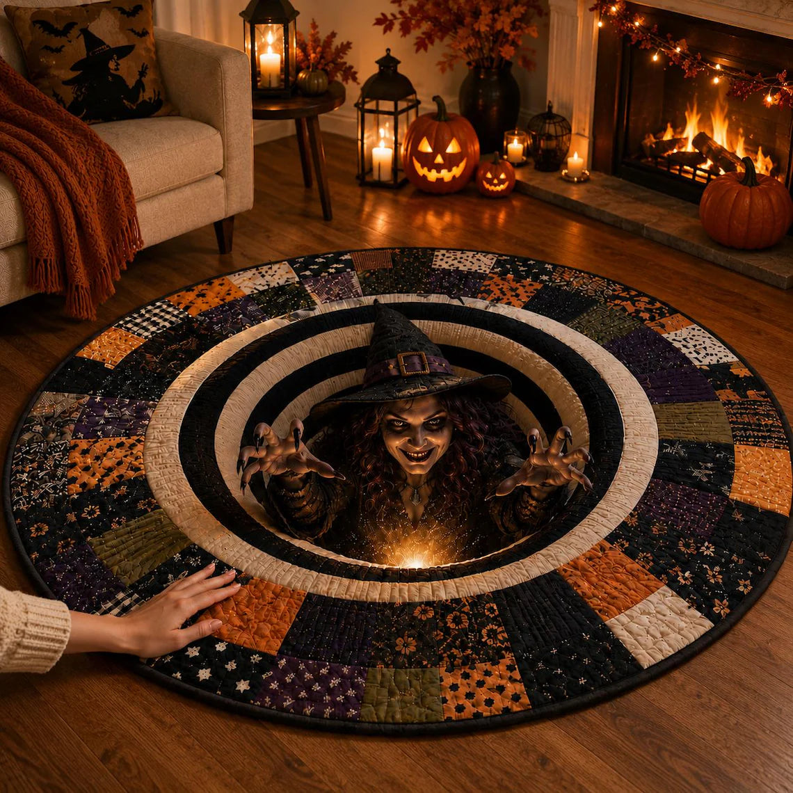 3D Print Witch Halloween Rug, Round Optical Illusion Area Rug, Spooky Witch Floor Mat, Haunted House Decor, Creepy Halloween Home Decor