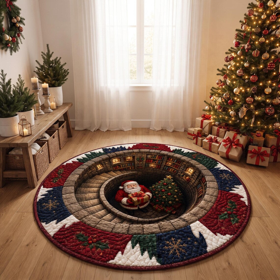 Santa Spiral Staircase 3D Round Rug, Christmas Optical Illusion Floor Mat, Non-Slip Xmas Home Decor, Christmas Gift for Family