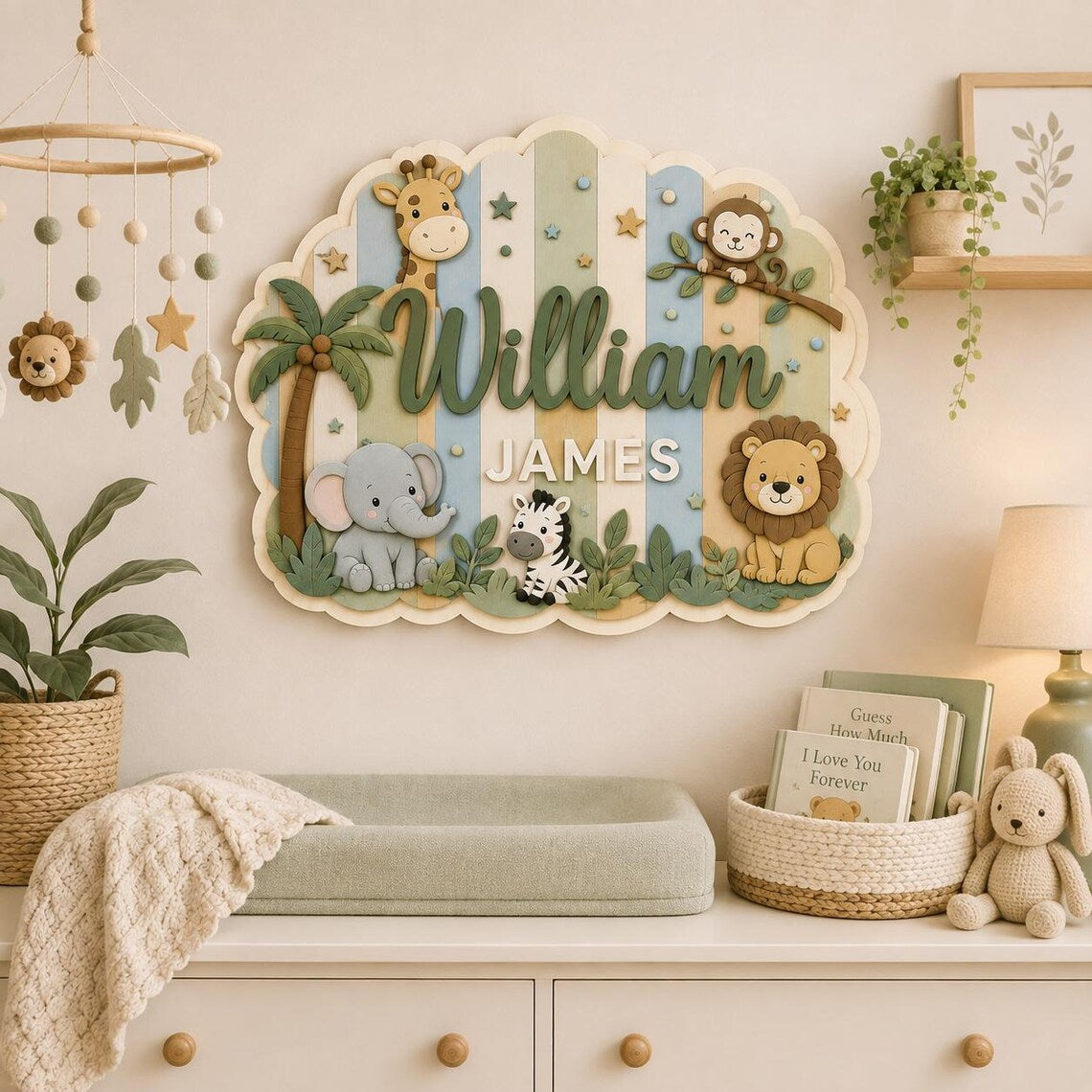 Personalized Safari Wooden Name Sign, Custom Jungle Animal Nursery Wall Decor, Baby Boy Name Plaque, Woodland Kids Room Sign, Baby Shower