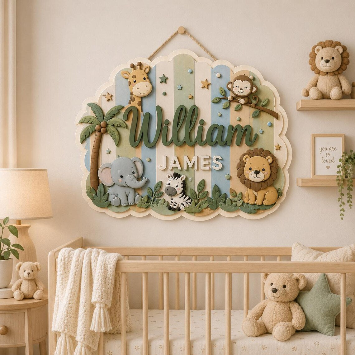 Personalized Safari Wooden Name Sign, Custom Jungle Animal Nursery Wall Decor, Baby Boy Name Plaque, Woodland Kids Room Sign, Baby Shower