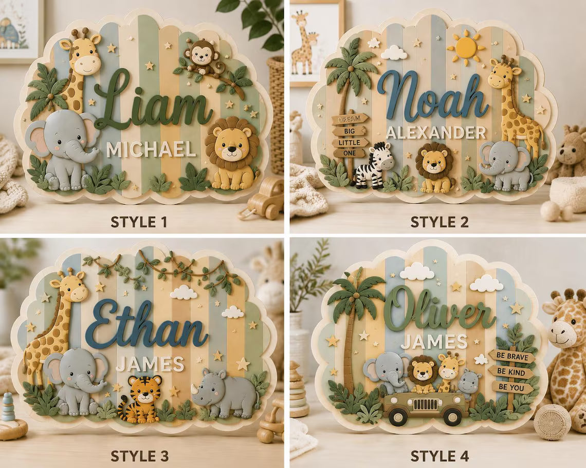 Personalized Safari Wooden Name Sign, Custom Jungle Animal Nursery Wall Decor, Baby Boy Name Plaque, Woodland Kids Room Sign, Baby Shower