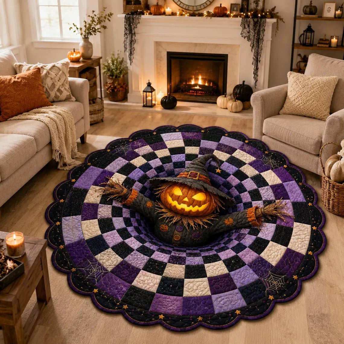 3D Pumpkin Scarecrow Halloween Rug, Round Spooky Area Rug, Purple Black Optical Illusion Floor Mat, Haunted House Decor