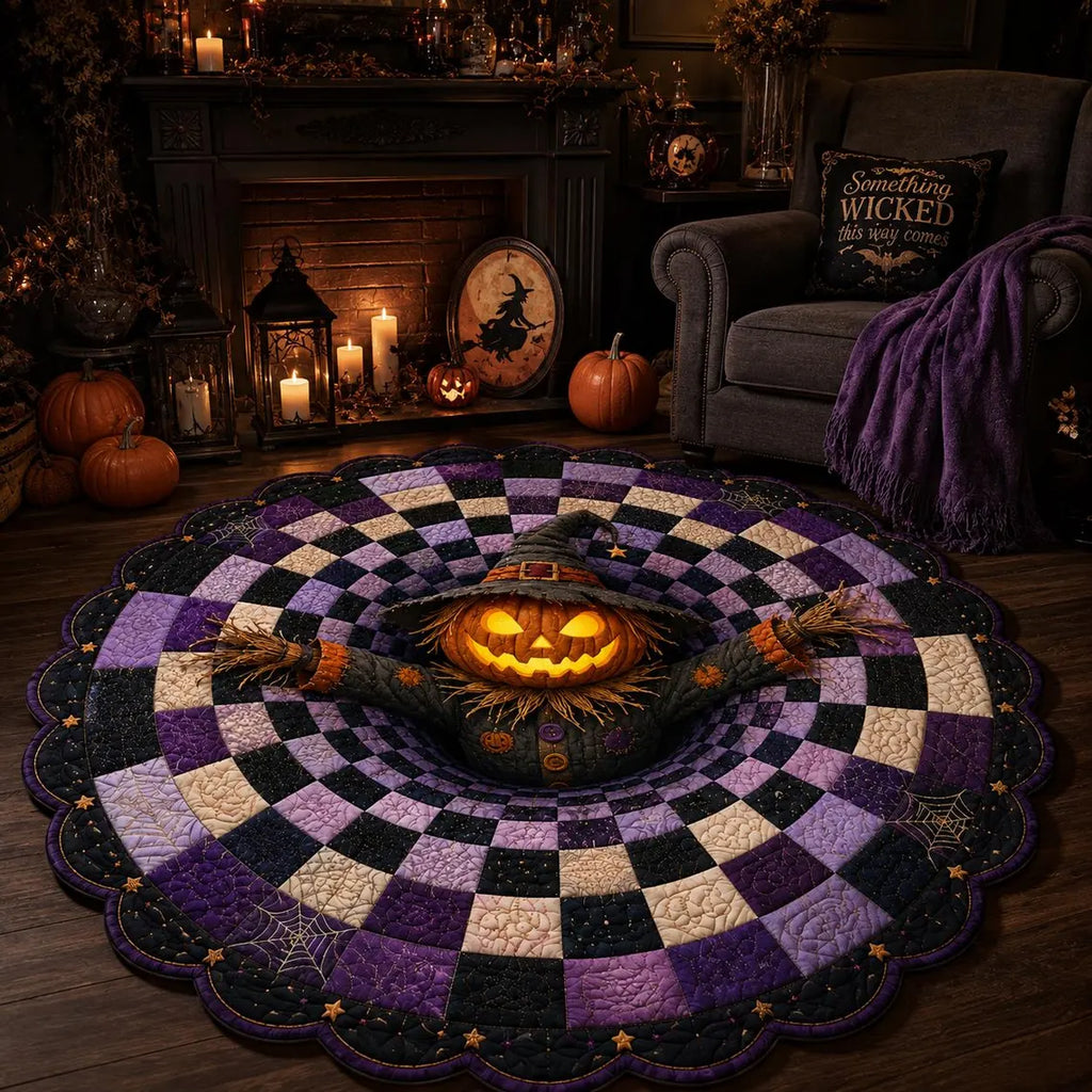 3D Pumpkin Scarecrow Halloween Rug, Round Spooky Area Rug, Purple Black Optical Illusion Floor Mat, Haunted House Decor