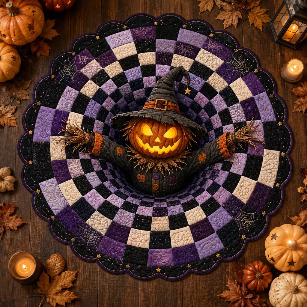 3D Pumpkin Scarecrow Halloween Rug, Round Spooky Area Rug, Purple Black Optical Illusion Floor Mat, Haunted House Decor