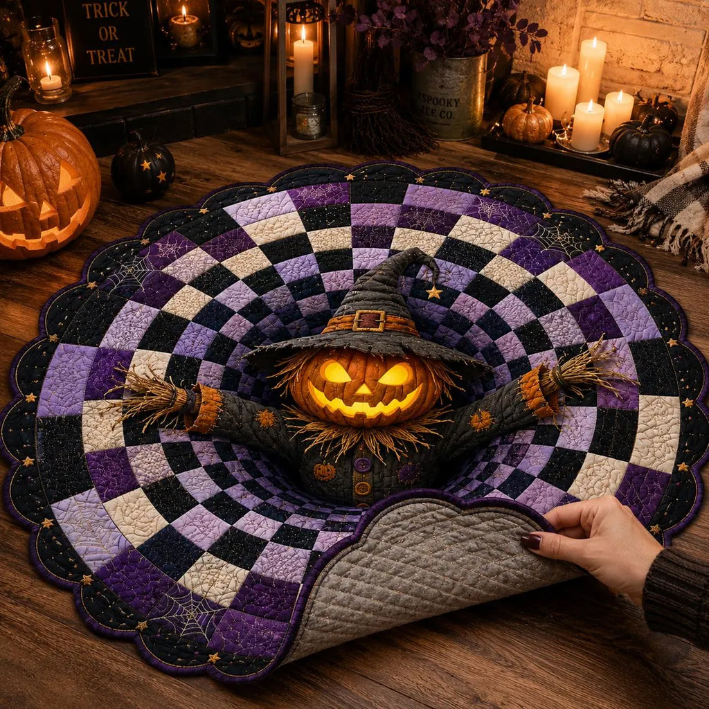 3D Pumpkin Scarecrow Halloween Rug, Round Spooky Area Rug, Purple Black Optical Illusion Floor Mat, Haunted House Decor