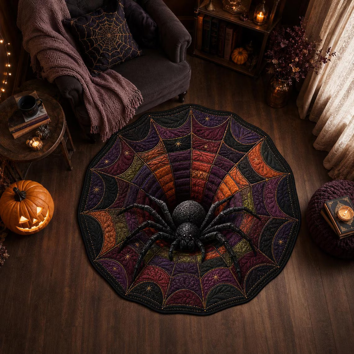3D Spider Web Halloween Rug, Round Spider Illusion Floor Mat, Gothic Haunted Decor