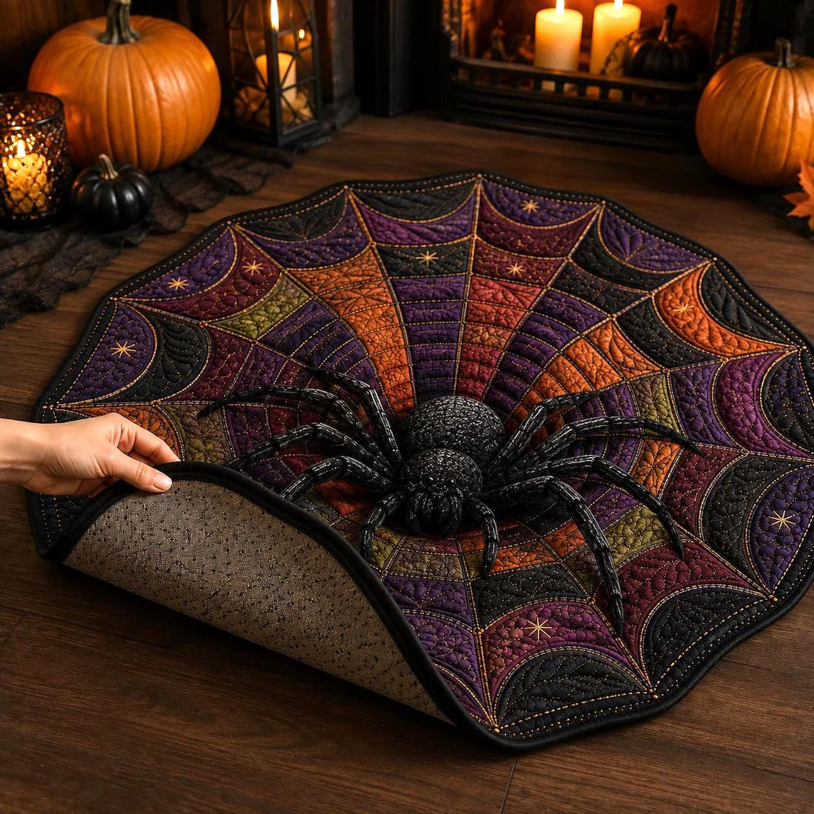 3D Spider Web Halloween Rug, Round Spider Illusion Floor Mat, Gothic Haunted Decor