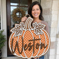 Personalized Pumpkin Door Hanger, Fall Wreath, Autumn Front Door Decor, Wooden Pumpkin Sign, Thanksgiving Decor, Housewarming Gift