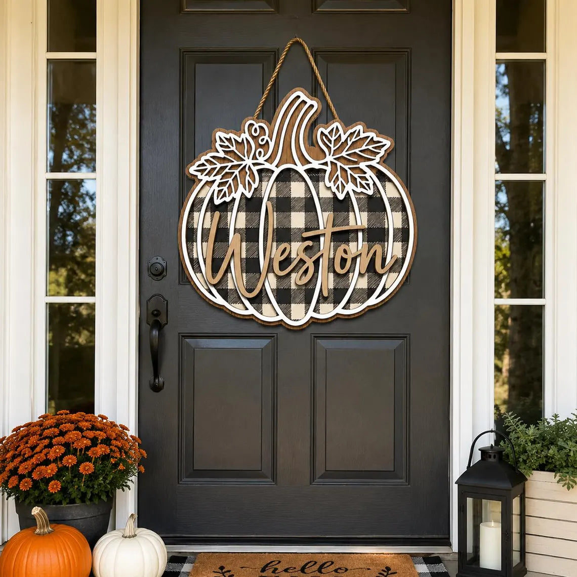 Personalized Pumpkin Door Hanger, Fall Wreath, Autumn Front Door Decor, Wooden Pumpkin Sign, Thanksgiving Decor, Housewarming Gift