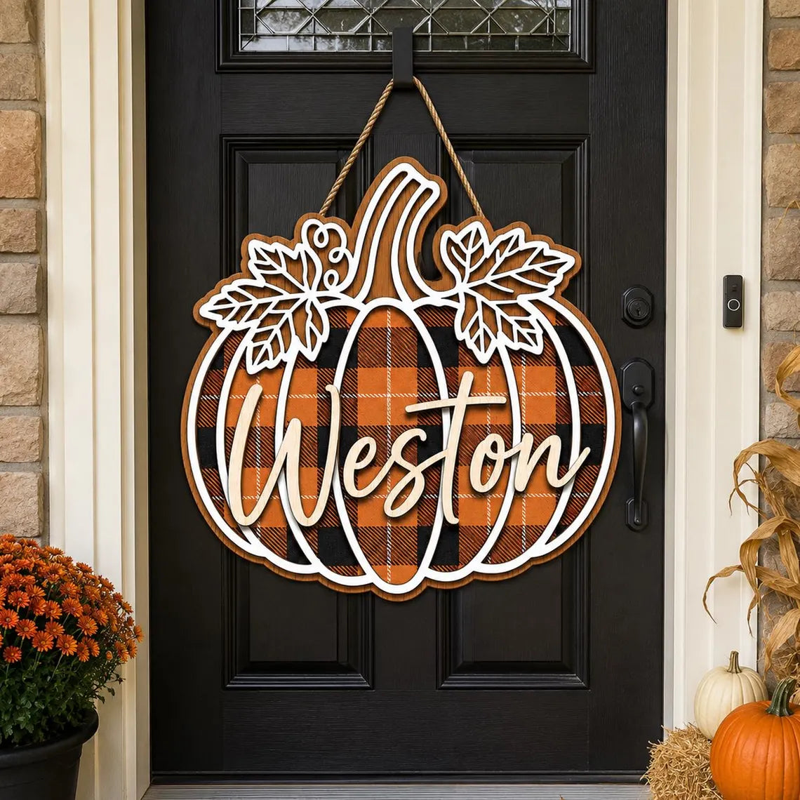 Personalized Pumpkin Door Hanger, Fall Wreath, Autumn Front Door Decor, Wooden Pumpkin Sign, Thanksgiving Decor, Housewarming Gift