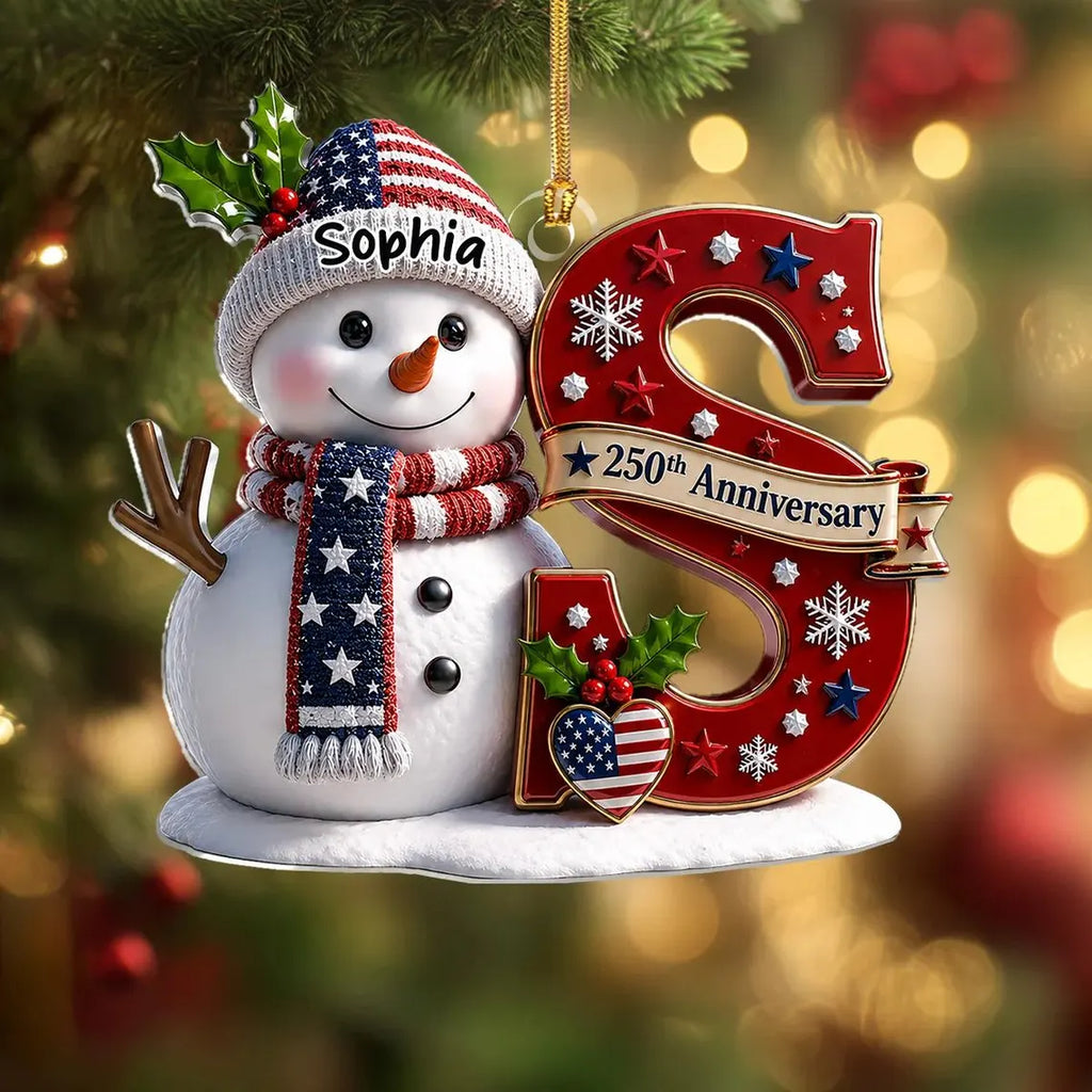 Personalized Patriotic Snowman Ornament, Custom Name Monogram Acrylic 2D Flat Tree Decor, USA 250th Anniversary Christmas Keepsake Gift