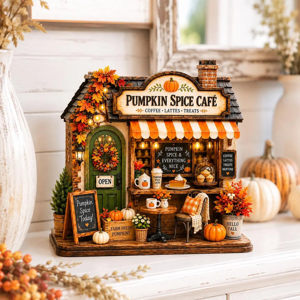 2D Print Autumn Coffee Shop Wooden Block, Custom Fall Café Shelf Decor, Rustic Harvest Village House, Cozy Thanksgiving Gift