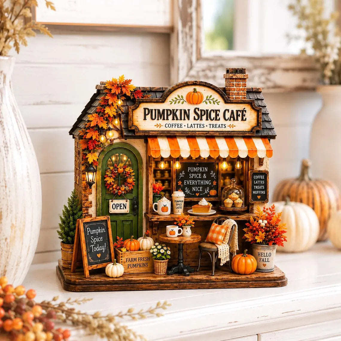 2D Print Autumn Coffee Shop Wooden Block, Custom Fall Café Shelf Decor, Rustic Harvest Village House, Cozy Thanksgiving Gift