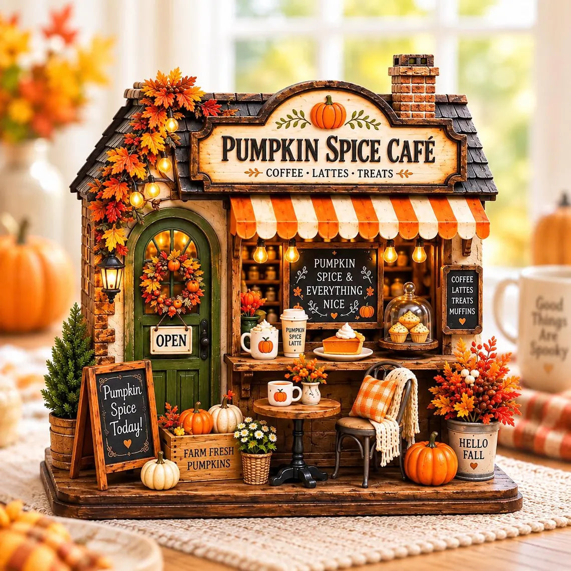 2D Print Autumn Coffee Shop Wooden Block, Custom Fall Café Shelf Decor, Rustic Harvest Village House, Cozy Thanksgiving Gift