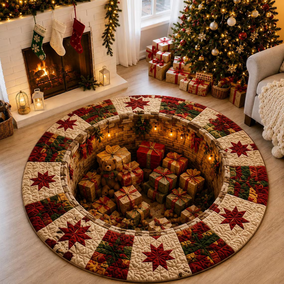 Santa Claus 3D Print Illusion Round Rug, Spiral Staircase Christmas Vortex Floor Mat, Non Slip Xmas Area Rug, Holiday Home Decor Gift
