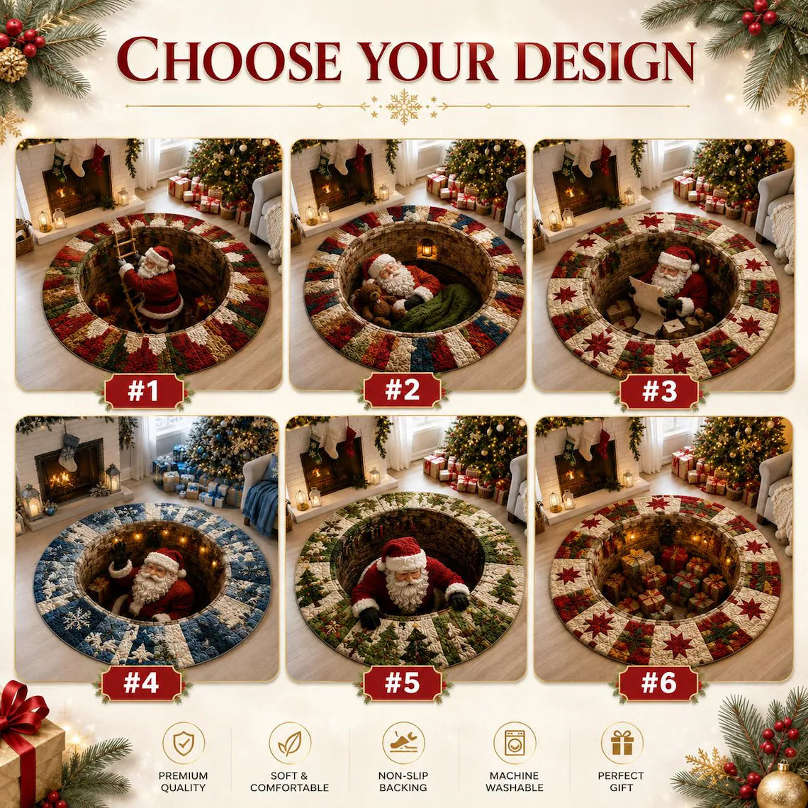 Santa Claus 3D Print Illusion Round Rug, Spiral Staircase Christmas Vortex Floor Mat, Non Slip Xmas Area Rug, Holiday Home Decor Gift