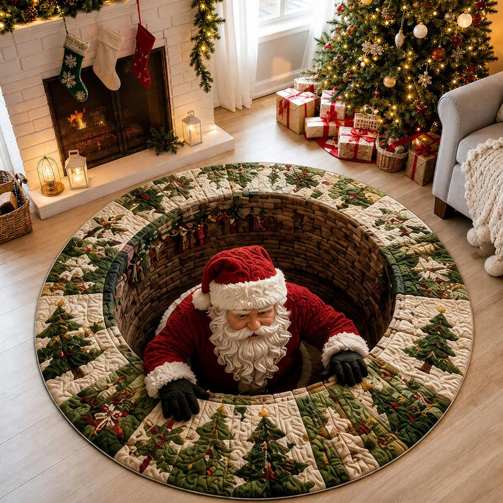 Santa Claus 3D Print Illusion Round Rug, Spiral Staircase Christmas Vortex Floor Mat, Non Slip Xmas Area Rug, Holiday Home Decor Gift