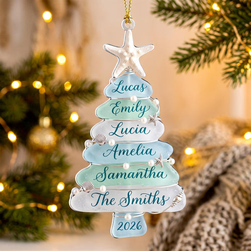 2D Flat Custom Up To 15 Names Sea Glass Tree 2026 Acrylic Ornament, Beach Family Christmas Decor, Coastal Keepsake, Grandkids Gift