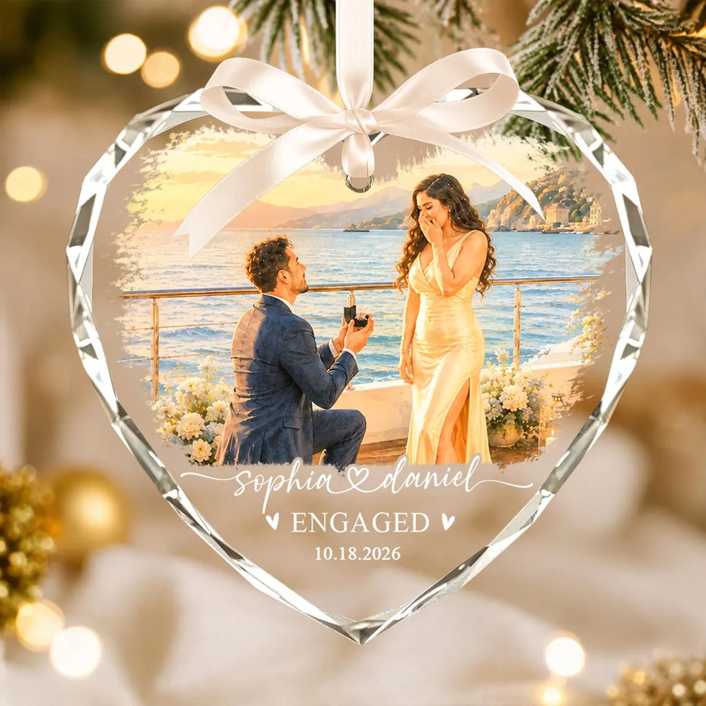 Custom Engagement Photo Ornament: First Christmas Engaged 2026 Glass Ornament, Watercolor Picture Couple Keepsake, Wedding Gifts