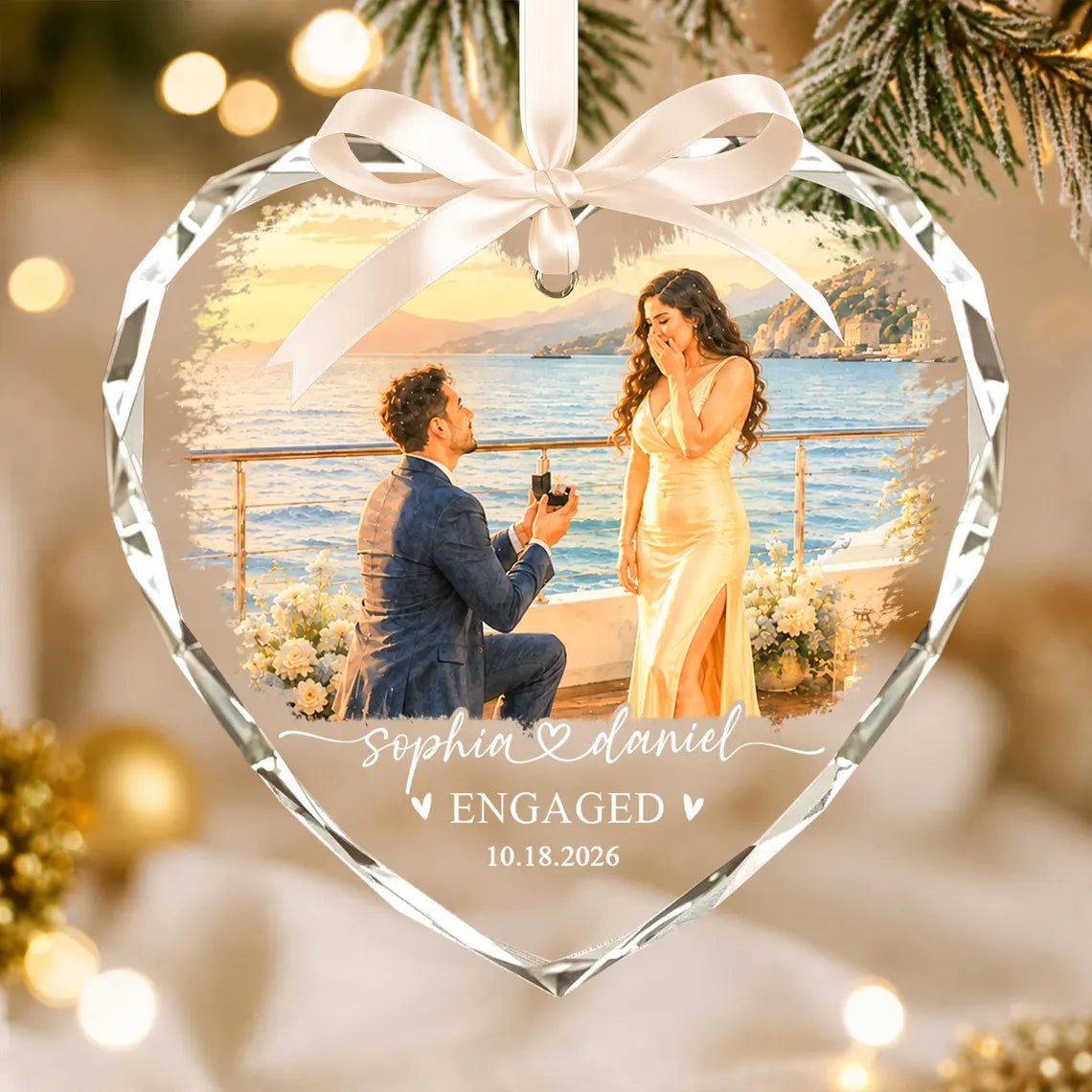 Custom Engagement Photo Ornament: First Christmas Engaged 2026 Glass Ornament, Watercolor Picture Couple Keepsake, Wedding Gifts