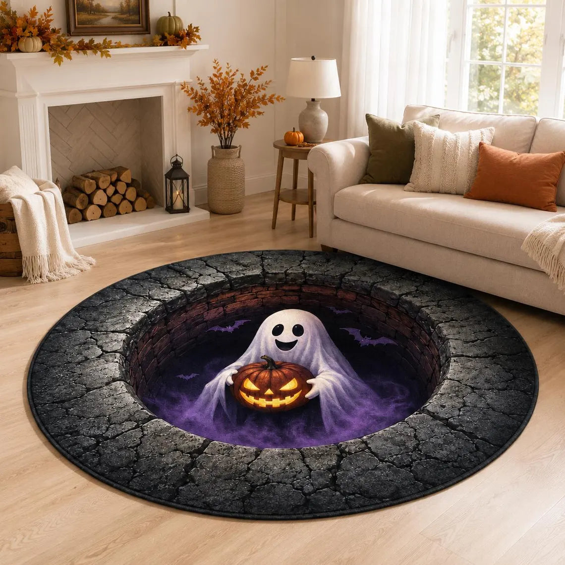 3D Ghost Halloween Rug, Round Jack O Lantern Area Rug, Spooky Optical Illusion Floor Mat, Haunted House Decor