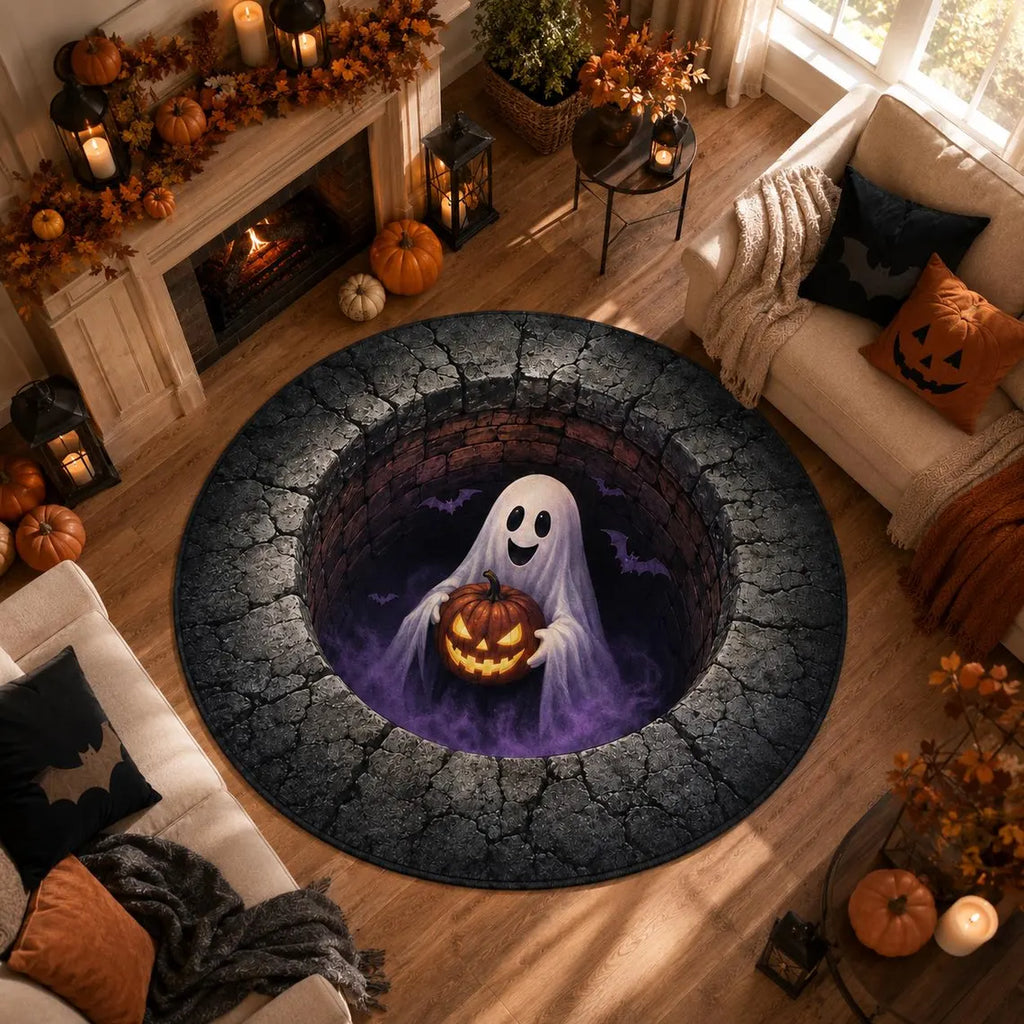3D Ghost Halloween Rug, Round Jack O Lantern Area Rug, Spooky Optical Illusion Floor Mat, Haunted House Decor
