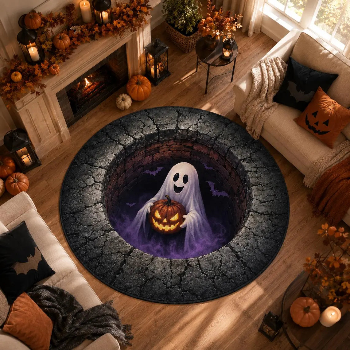 3D Ghost Halloween Rug, Round Jack O Lantern Area Rug, Spooky Optical Illusion Floor Mat, Haunted House Decor